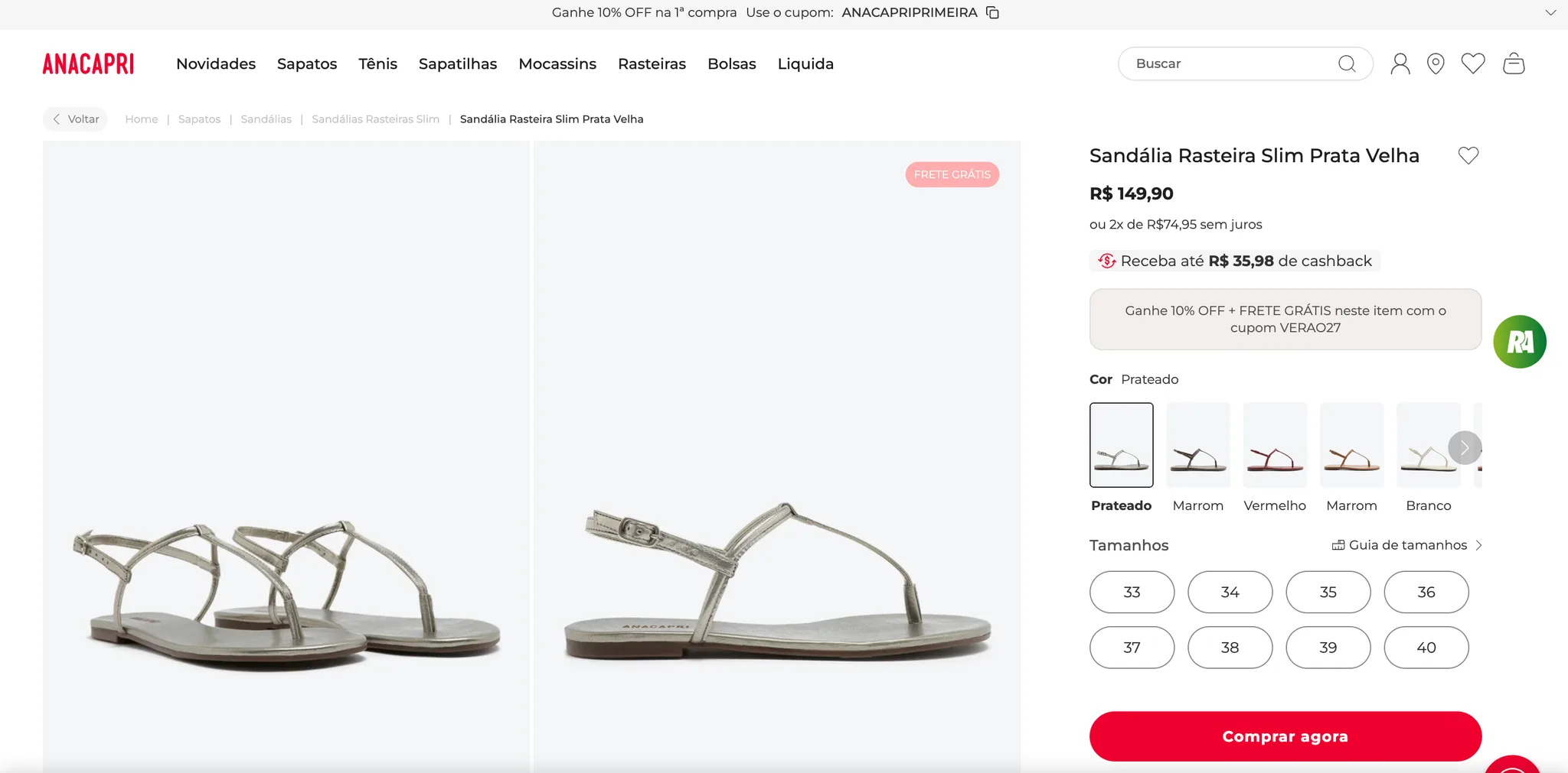 Ficha de anacapri.com.br: Sandália Rasteira Slim Prata Velha a R$ 149,90